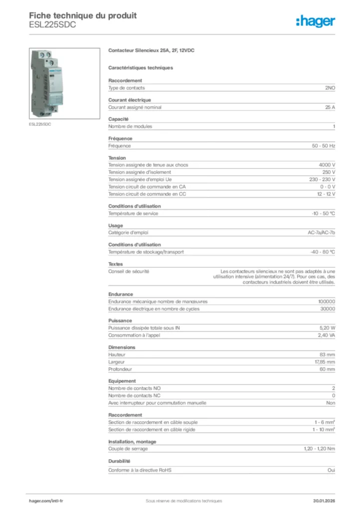 Image Hager Fiche technique du produit ESL225SDC | Hager Afrique
