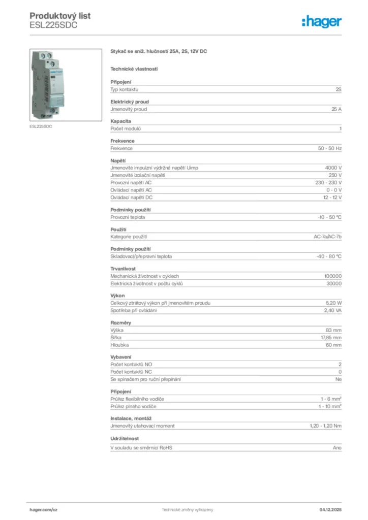 Obrázek Hager Produktový list ESL225SDC | Hager