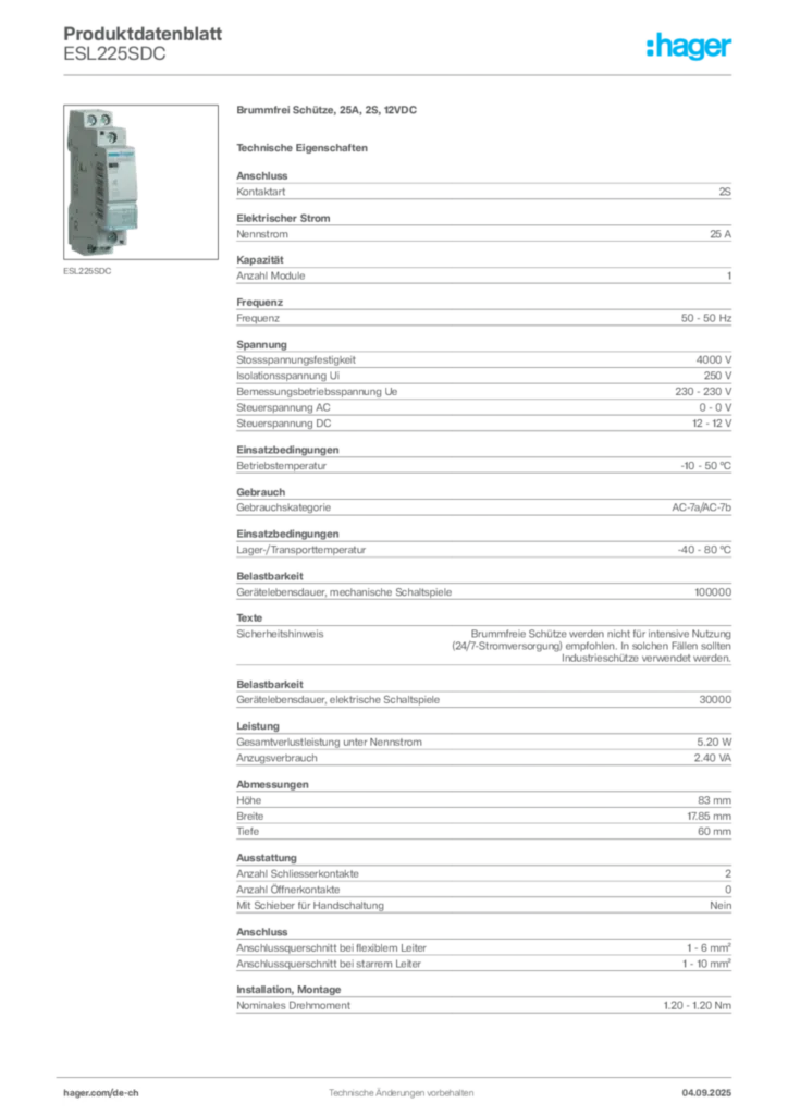 Bild Hager Produktdatenblatt ESL225SDC | Hager Schweiz