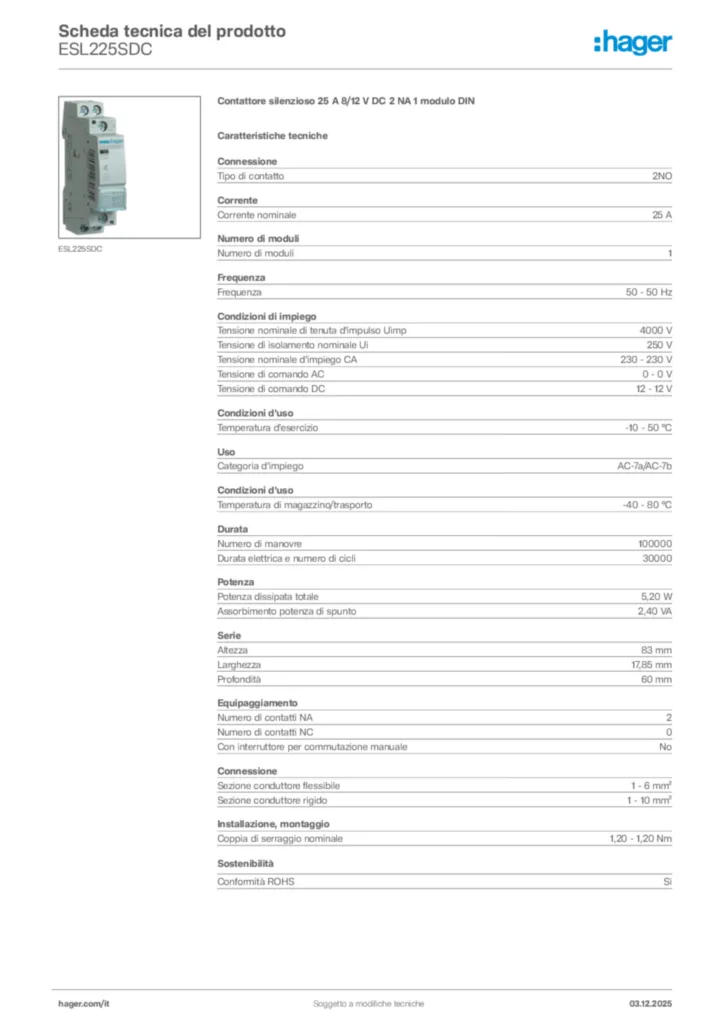 Immagine Hager Scheda tecnica del prodotto ESL225SDC | Hager Italia
