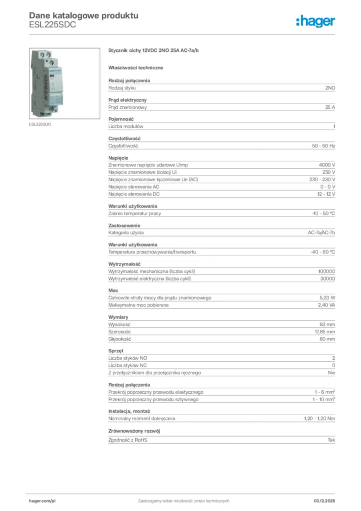 Zdjęcie Hager Dane katalogowe produktu ESL225SDC | Hager Polska
