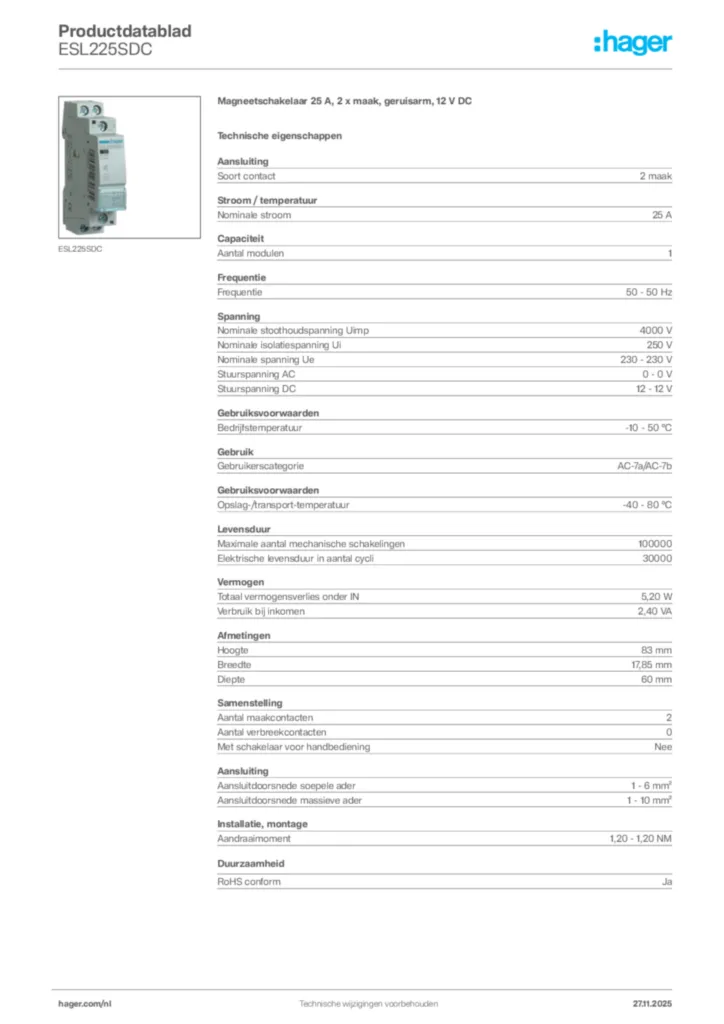 Afbeelding Hager Productdatablad ESL225SDC | Hager Nederland
