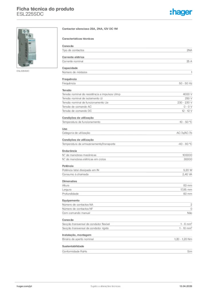Imagem Hager Ficha técnica do produto ESL225SDC | Hager Portugal