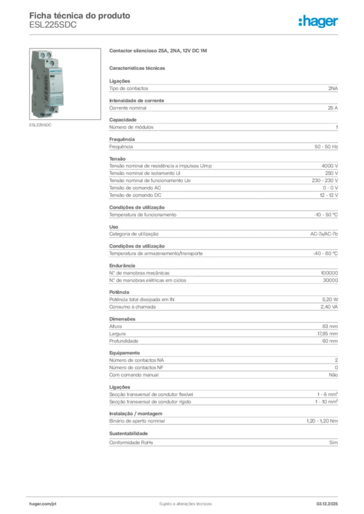Imagem Hager Ficha técnica do produto ESL225SDC | Hager Portugal