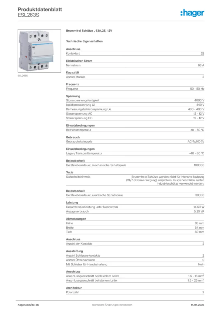 Bild Hager Produktdatenblatt ESL263S | Hager Schweiz