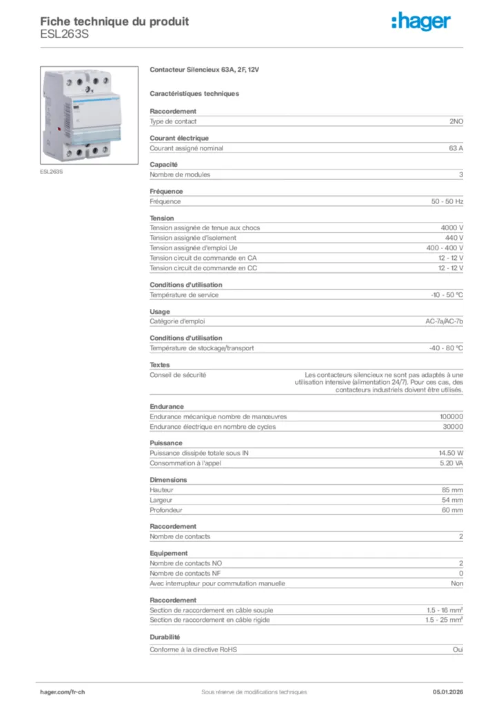 Image Hager Fiche technique du produit ESL263S | Hager Suisse
