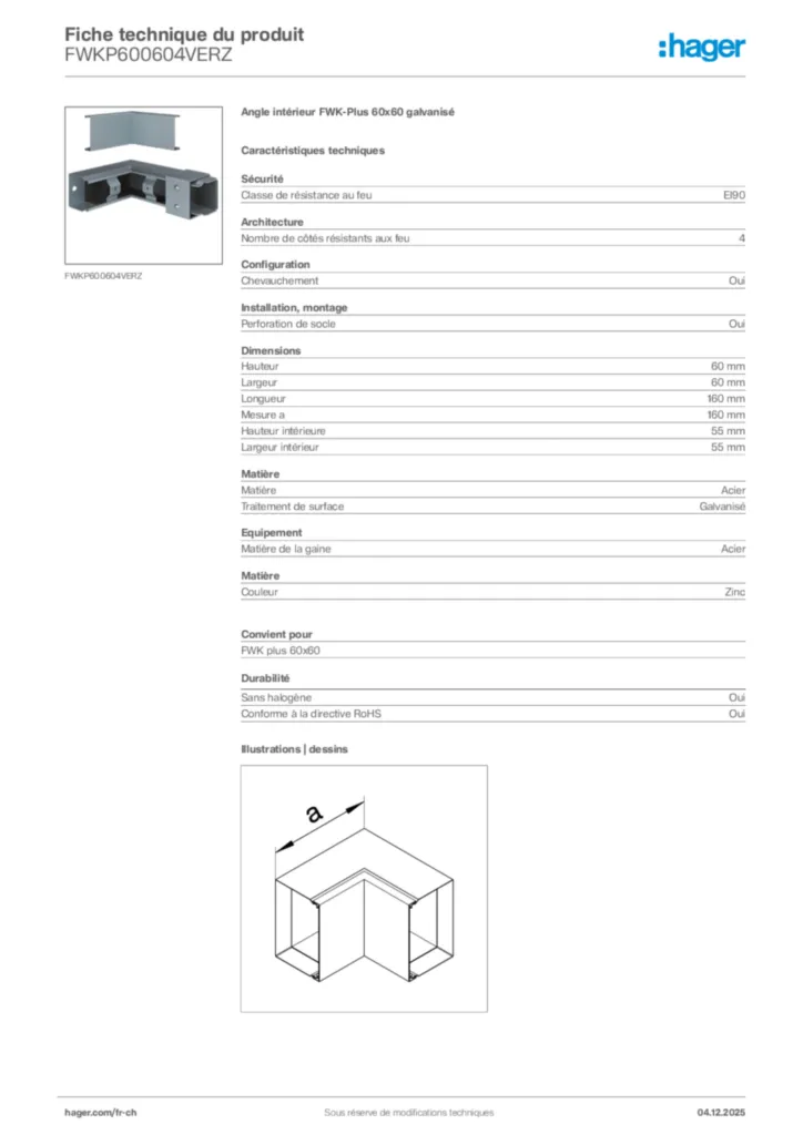 Image Hager Fiche technique du produit FWKP600604VERZ | Hager Suisse