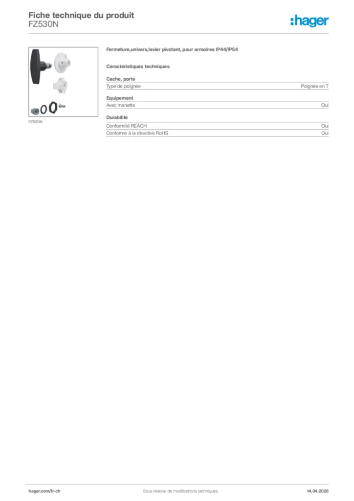 Image Hager Fiche technique du produit FZ530N | Hager Suisse