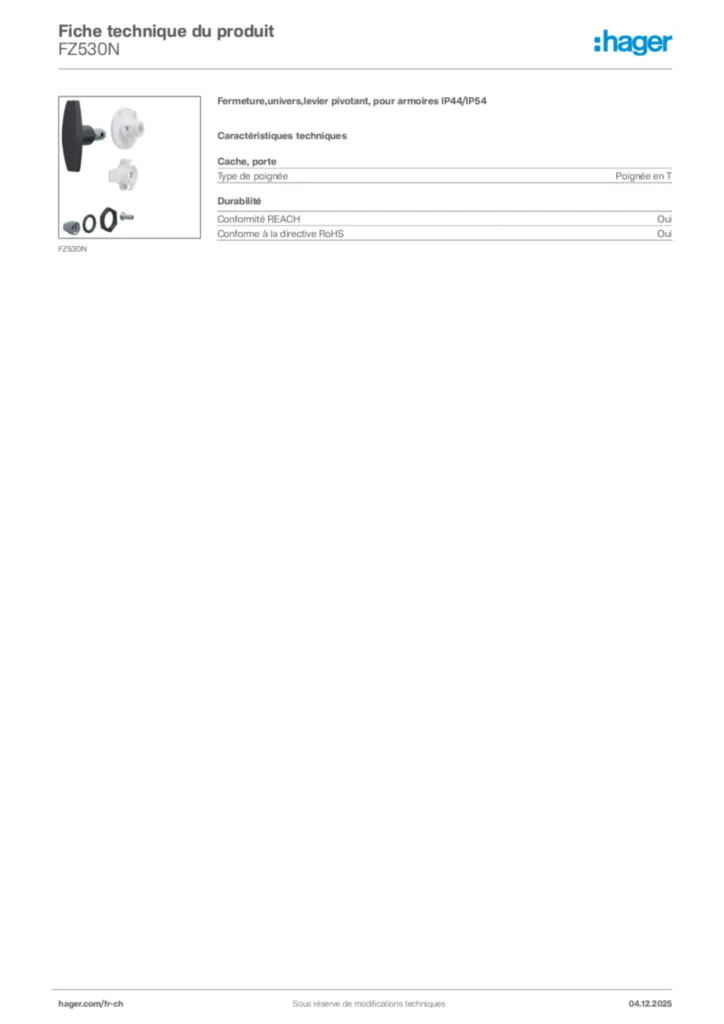 Image Hager Fiche technique du produit FZ530N | Hager Suisse