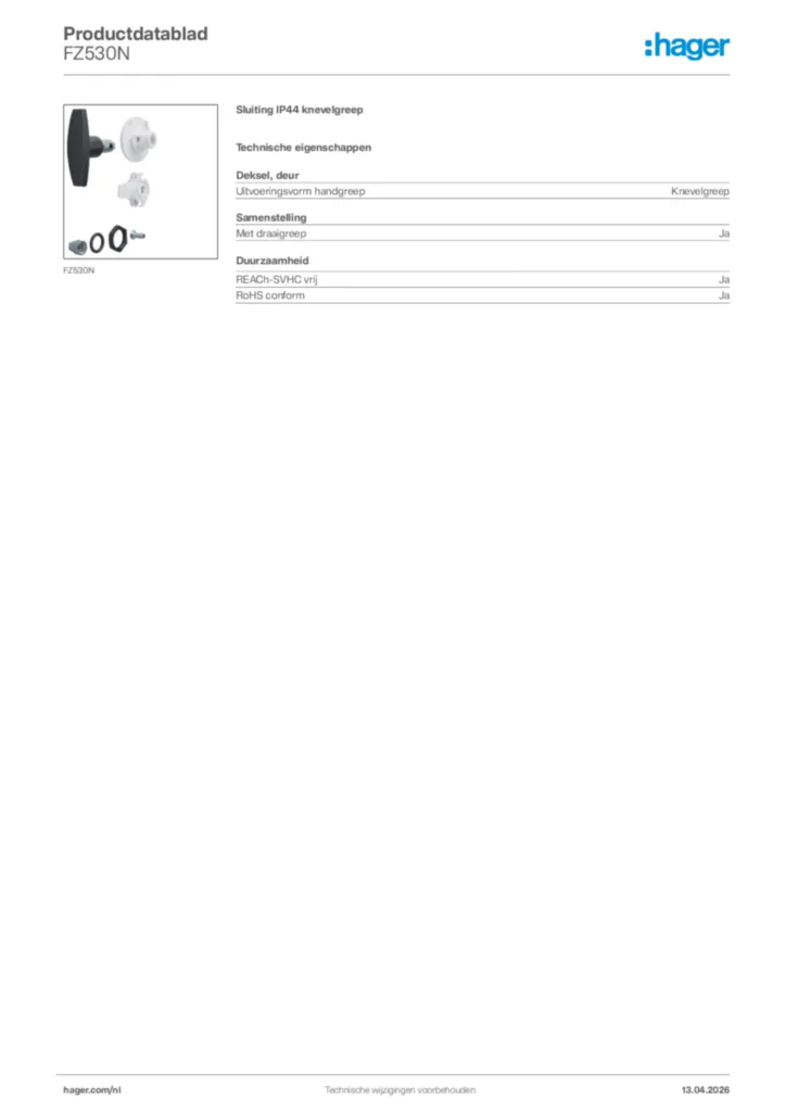 Afbeelding Hager Productdatablad FZ530N | Hager Nederland