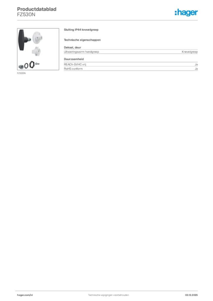 Afbeelding Hager Productdatablad FZ530N | Hager Nederland
