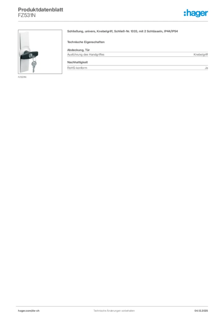 Bild Hager Produktdatenblatt FZ531N | Hager Schweiz