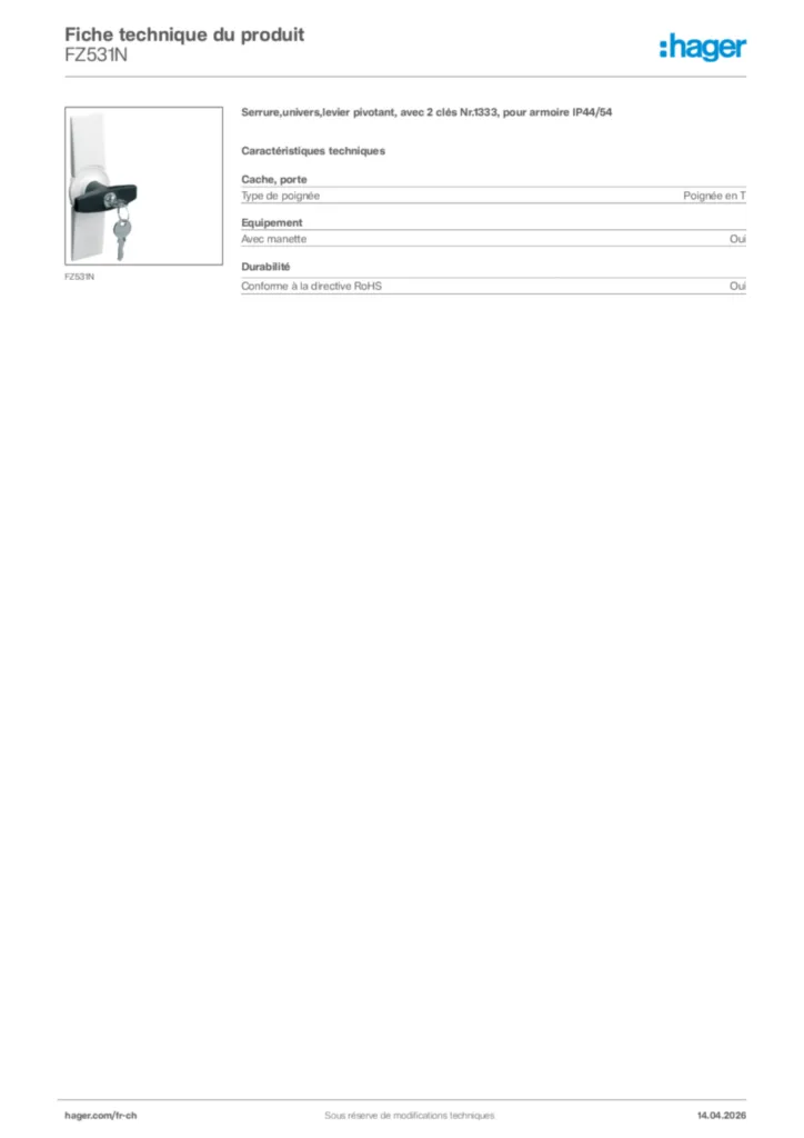 Image Hager Fiche technique du produit FZ531N | Hager Suisse