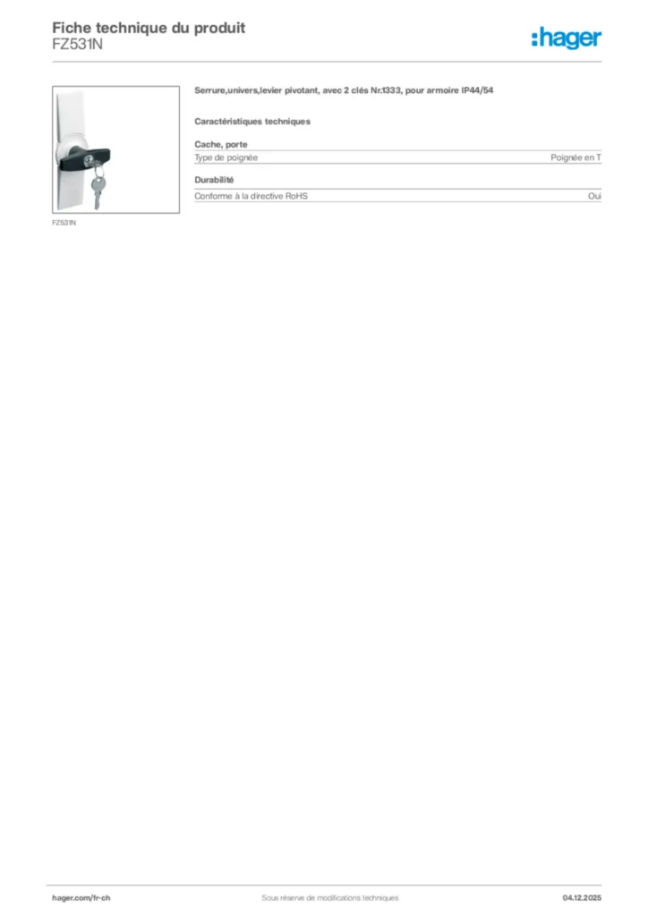 Image Hager Fiche technique du produit FZ531N | Hager Suisse