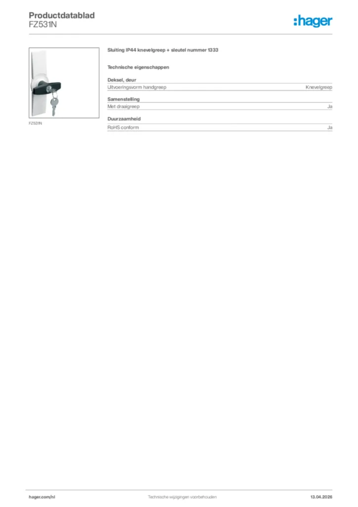 Afbeelding Hager Productdatablad FZ531N | Hager Nederland
