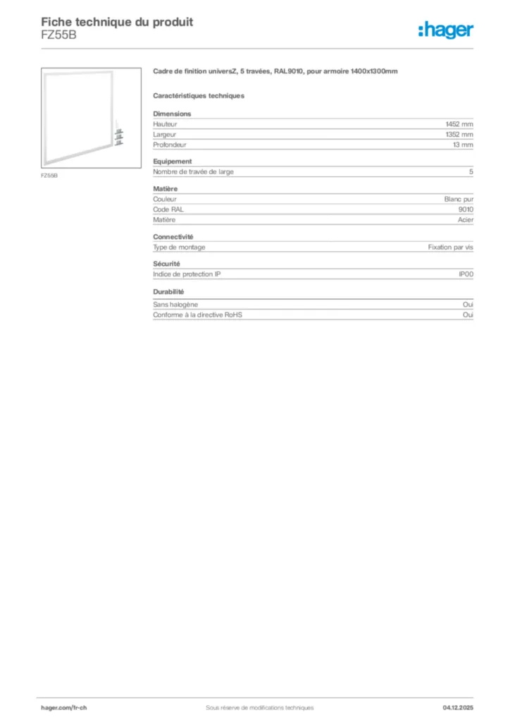 Image Hager Fiche technique du produit FZ55B | Hager Suisse