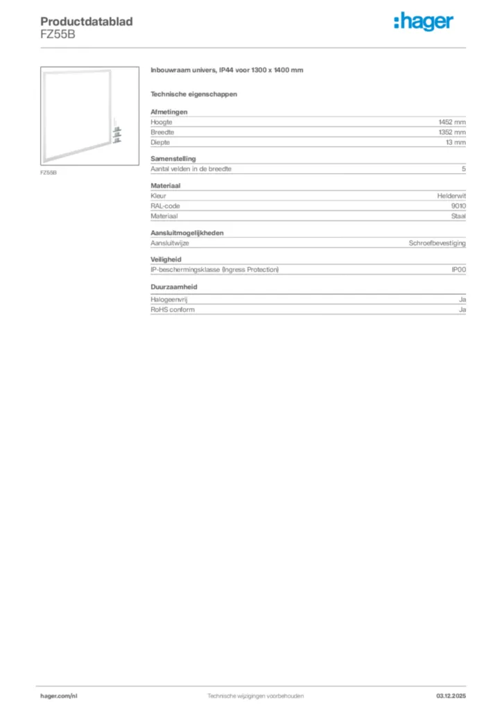 Afbeelding Hager Productdatablad FZ55B | Hager Nederland