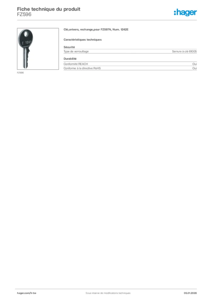 Image Hager Fiche technique du produit FZ596 | Hager Belgique