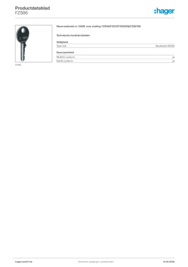 Afbeelding Hager Productdatablad FZ596 | Hager Belgium
