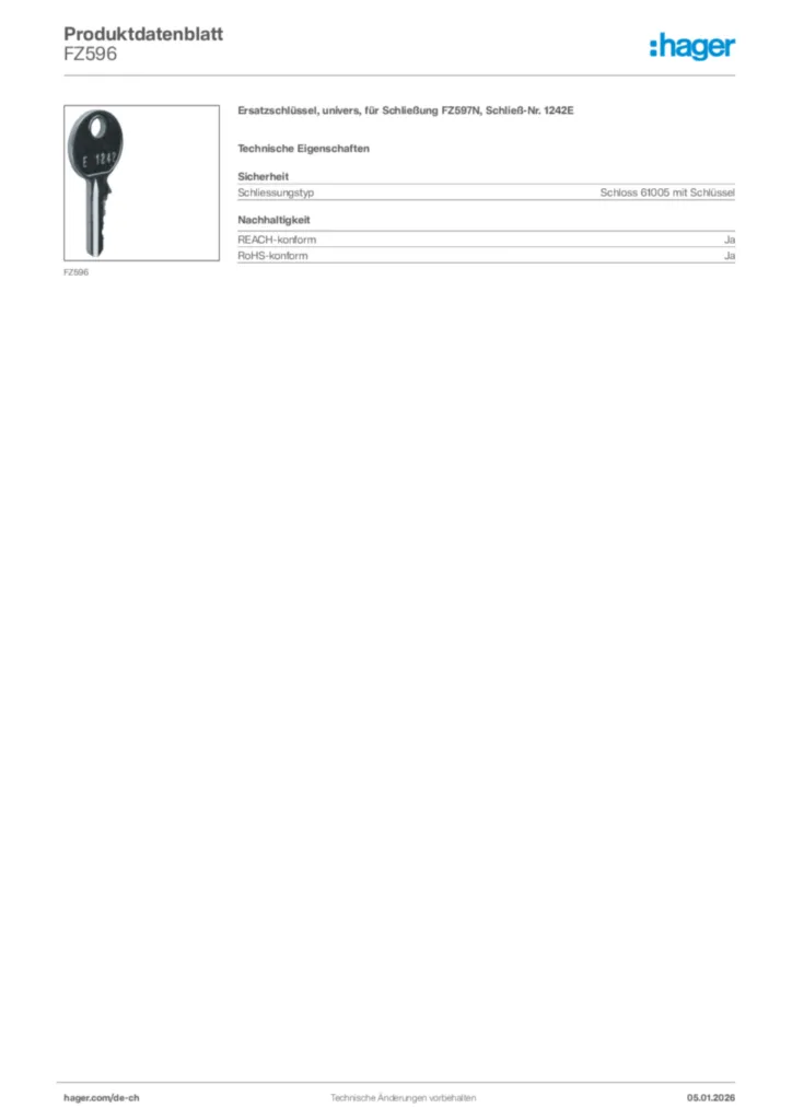 Bild Hager Produktdatenblatt FZ596 | Hager Schweiz