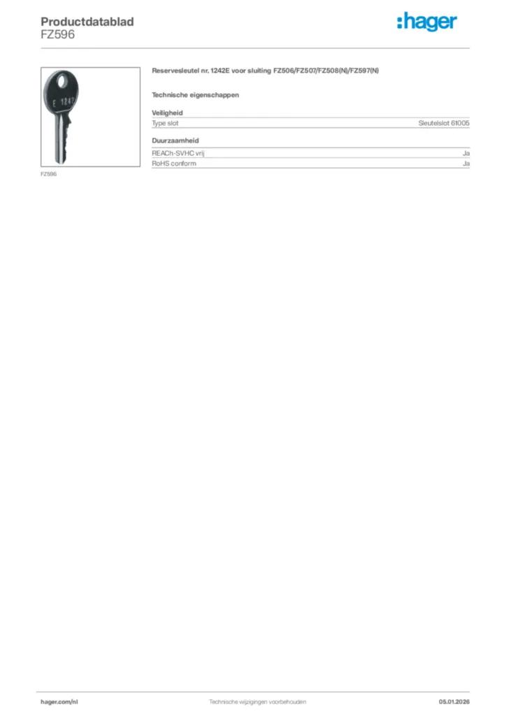 Afbeelding Hager Productdatablad FZ596 | Hager Nederland