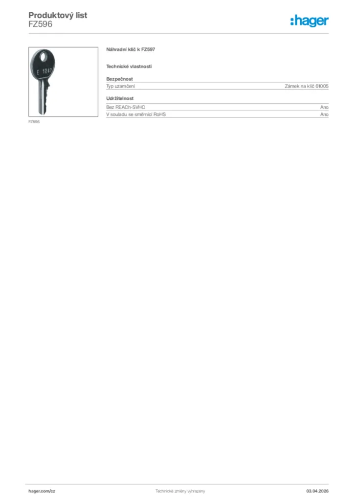 Obrázek Hager Product data sheet FZ596 | Hager