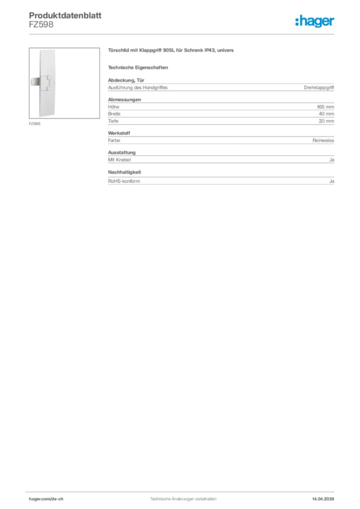 Bild Hager Produktdatenblatt FZ598 | Hager Schweiz