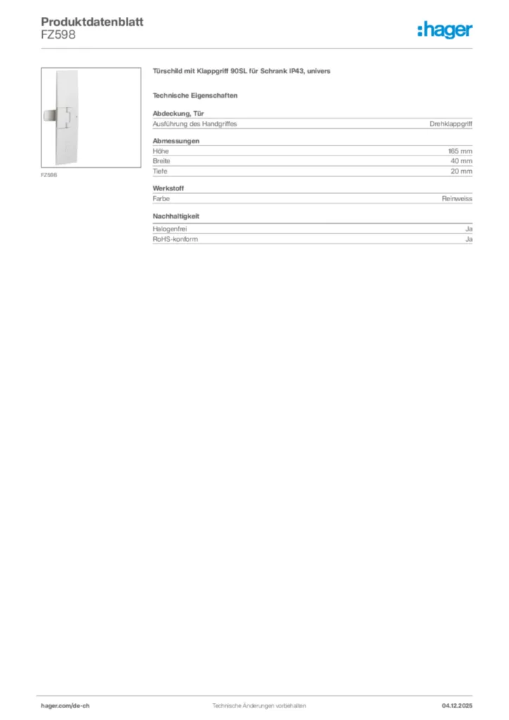 Bild Hager Produktdatenblatt FZ598 | Hager Schweiz