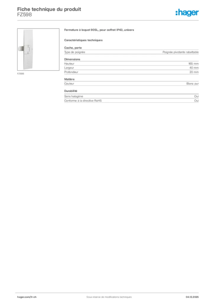 Image Hager Fiche technique du produit FZ598 | Hager Suisse