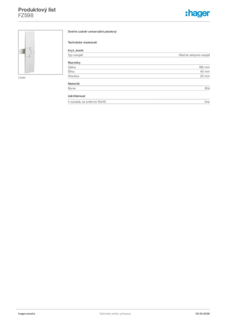 Obrázek Hager Product data sheet FZ598 | Hager
