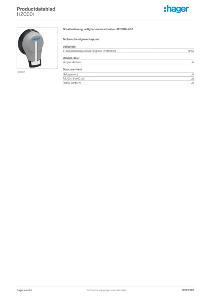 Afbeelding Hager Productdatablad HZC001 | Hager Nederland