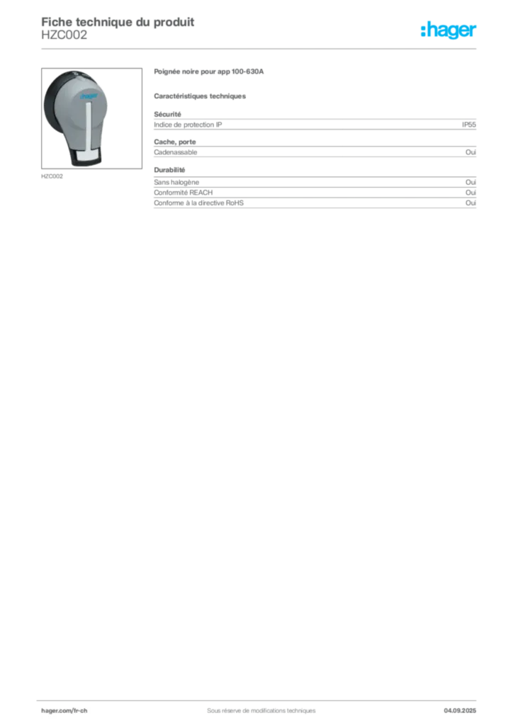 Image Hager Fiche technique du produit HZC002 | Hager Suisse
