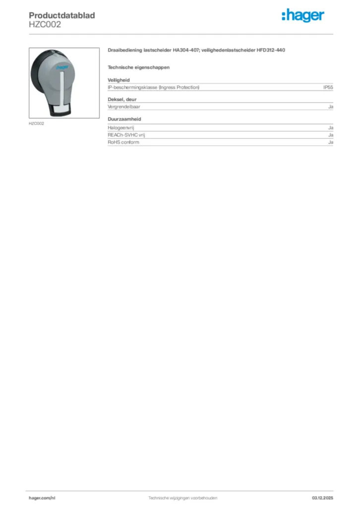 Afbeelding Hager Productdatablad HZC002 | Hager Nederland