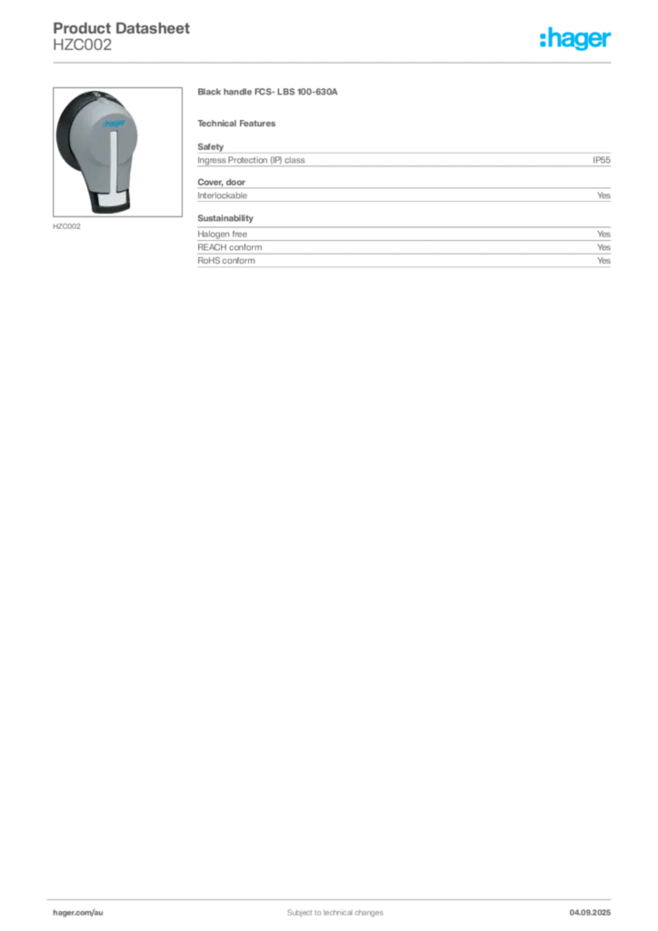 Image Hager Product data sheet HZC002  | Hager Australia