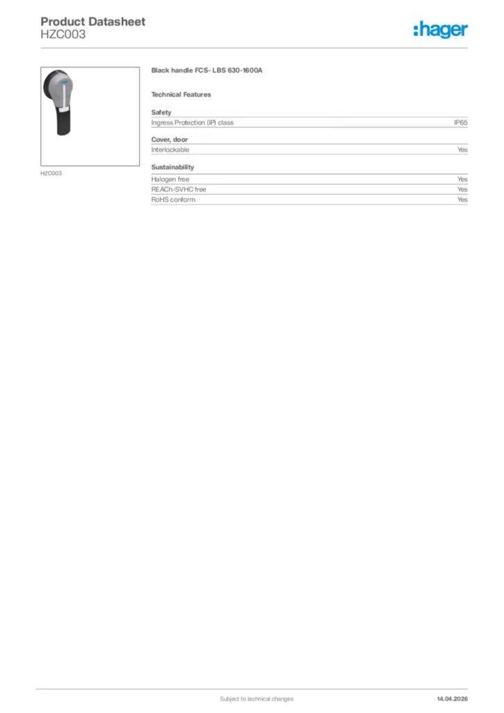 Image Hager Product data sheet HZC003  | Hager Africa