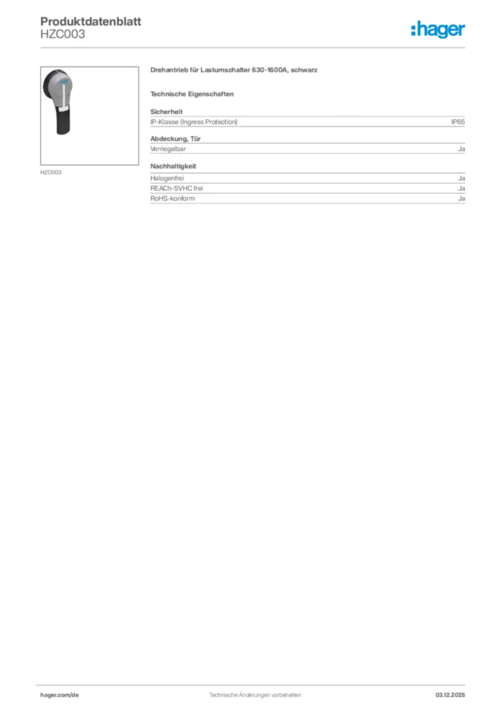 Bild Hager Produktdatenblatt HZC003 | Hager Deutschland
