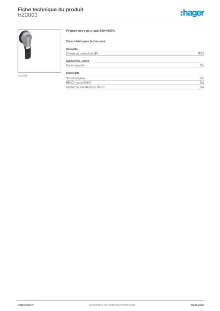 Image Hager Fiche technique du produit HZC003 | Hager France