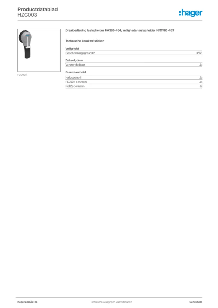 Afbeelding Hager Productdatablad HZC003 | Hager Belgium