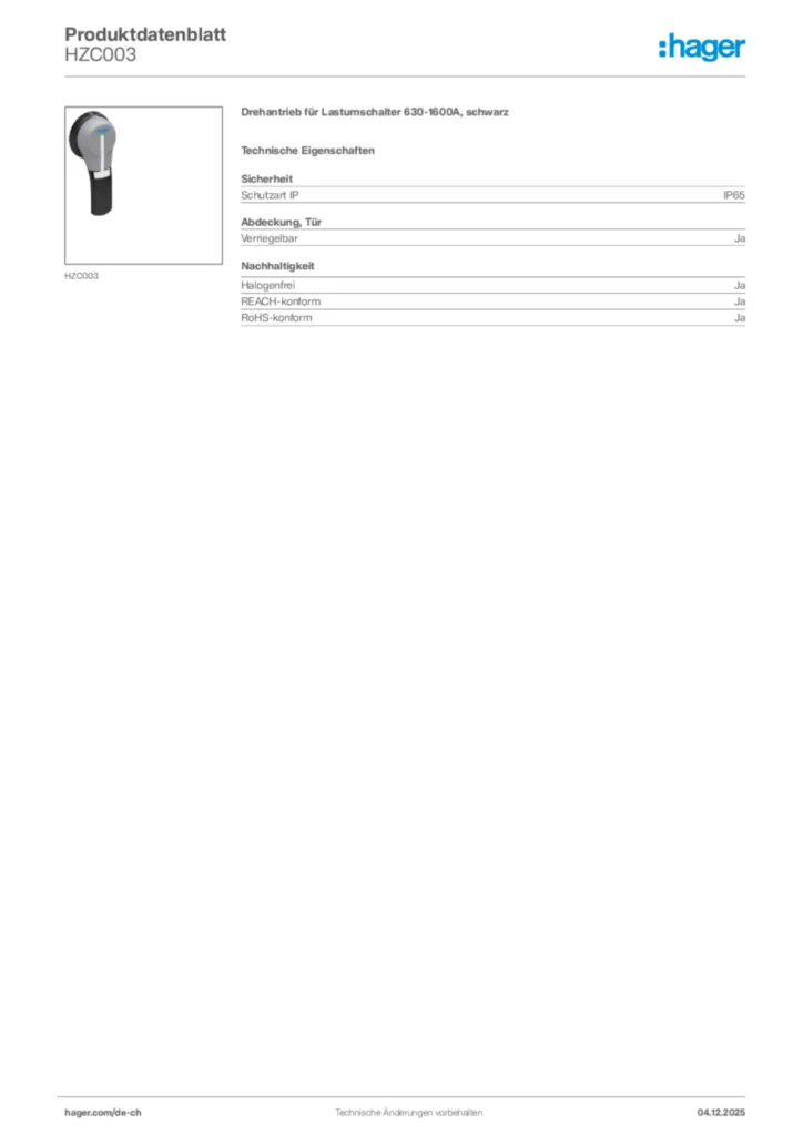 Bild Hager Produktdatenblatt HZC003 | Hager Schweiz