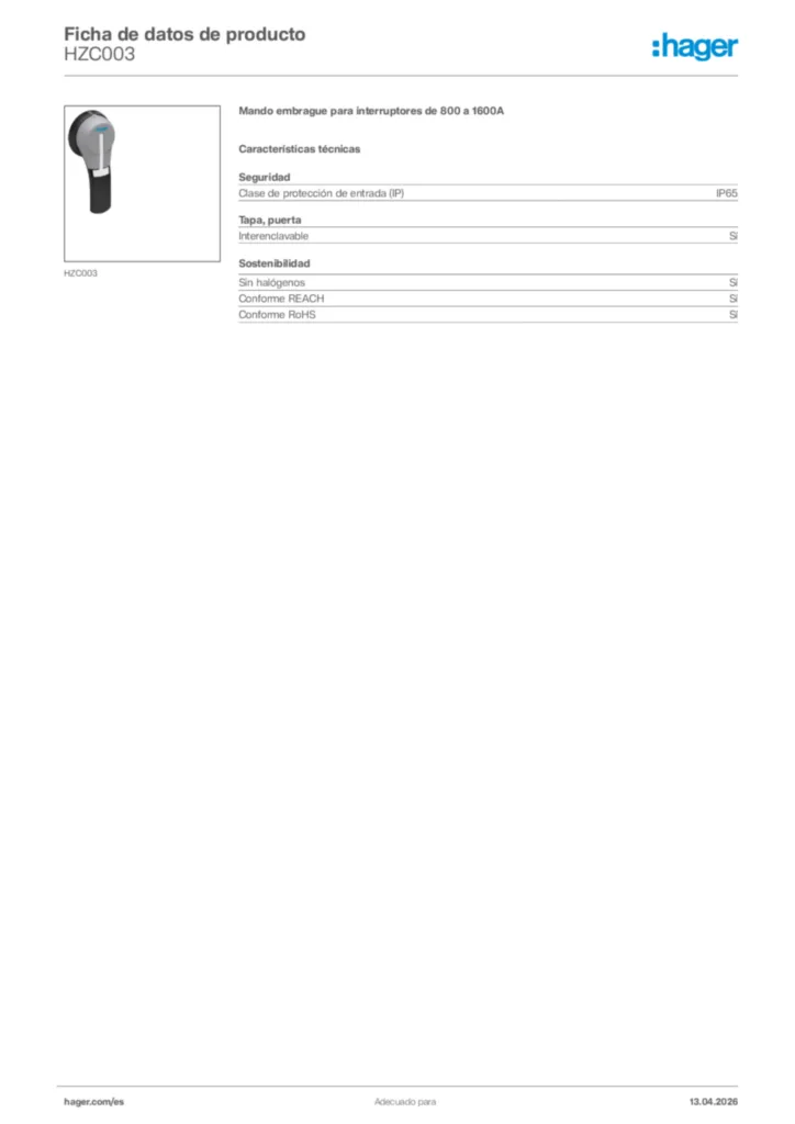 Imagen Hager Ficha de datos de producto HZC003 | Hager España