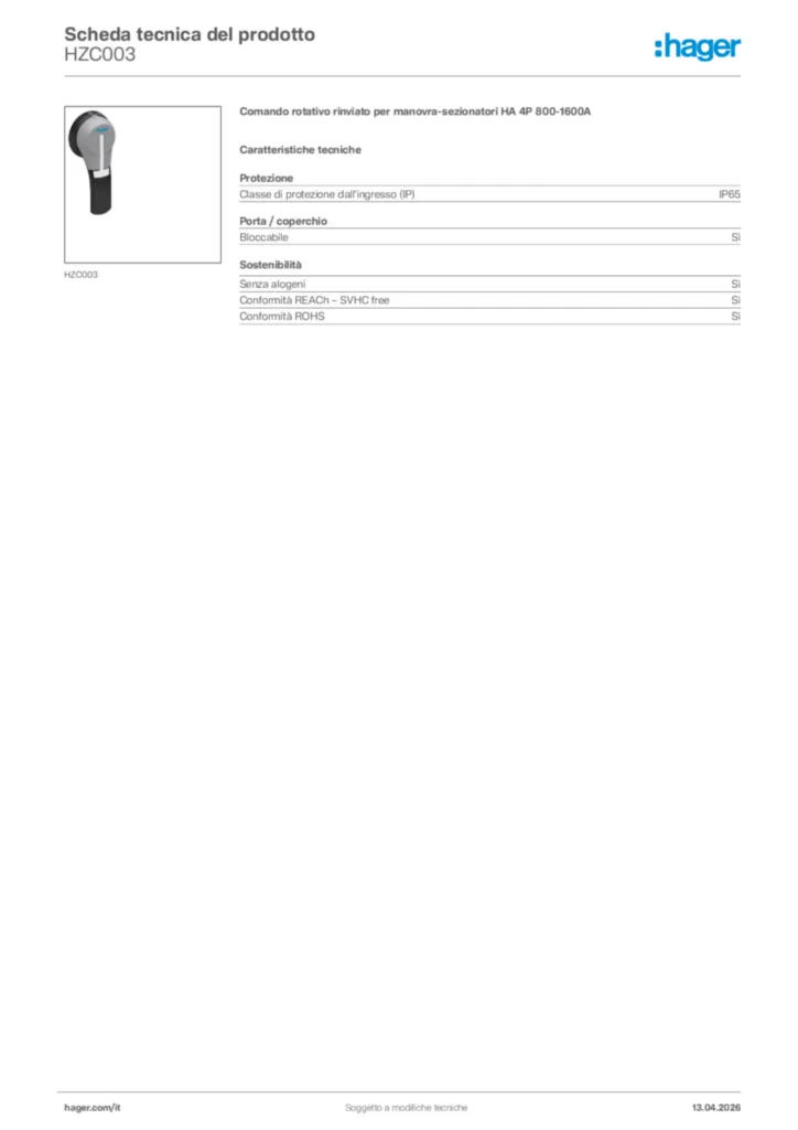 Immagine Hager Scheda tecnica del prodotto HZC003 | Hager Italia