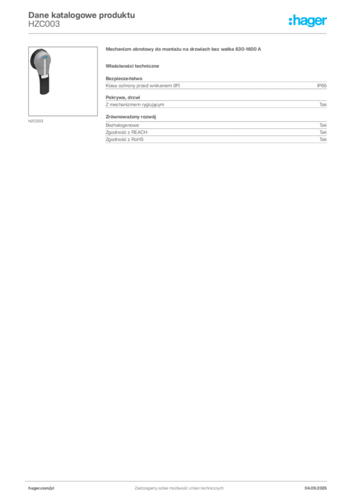Zdjęcie Hager Dane katalogowe produktu HZC003 | Hager Polska