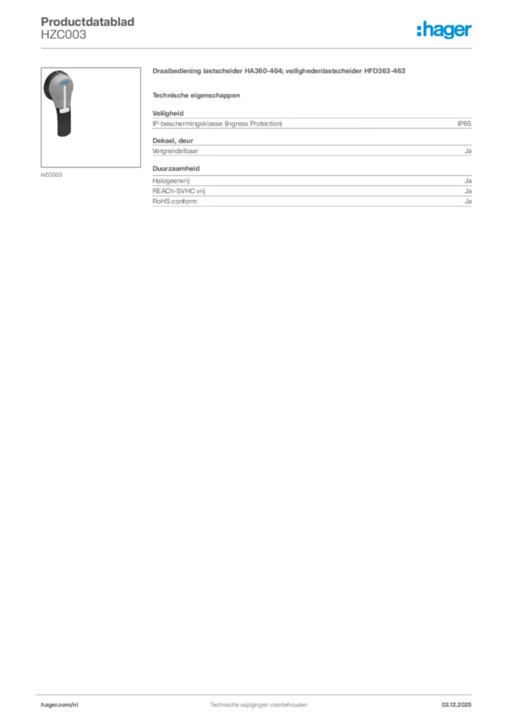 Afbeelding Hager Productdatablad HZC003 | Hager Nederland