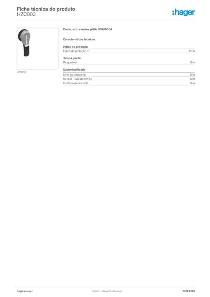 Imagem Hager Ficha técnica do produto HZC003 | Hager Portugal