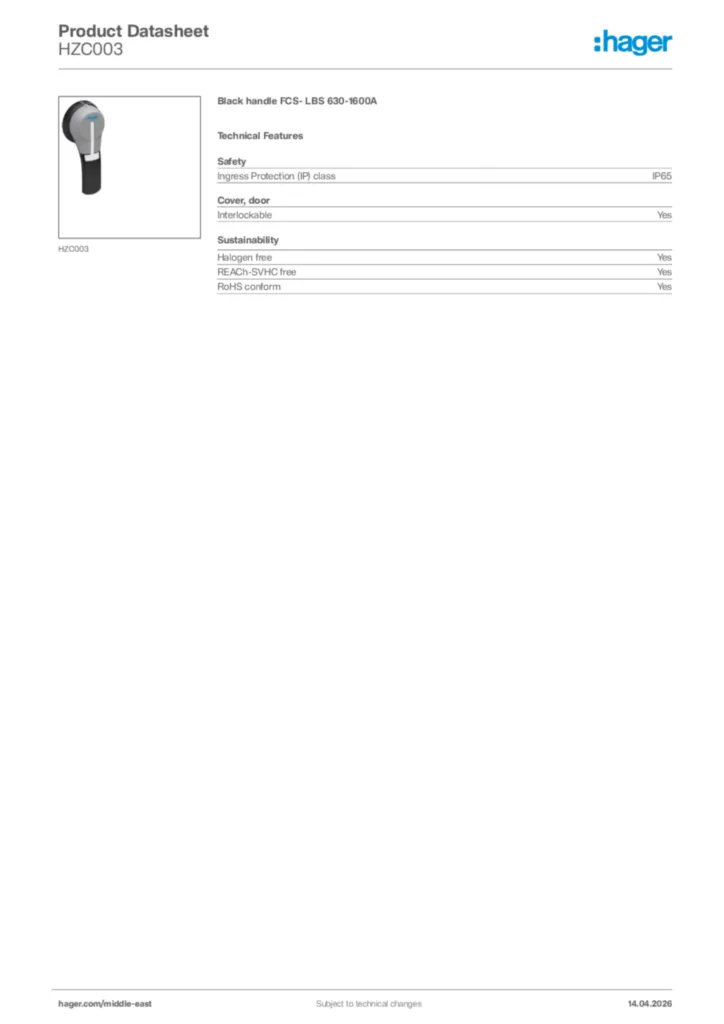 Image Hager Product data sheet HZC003  | Hager