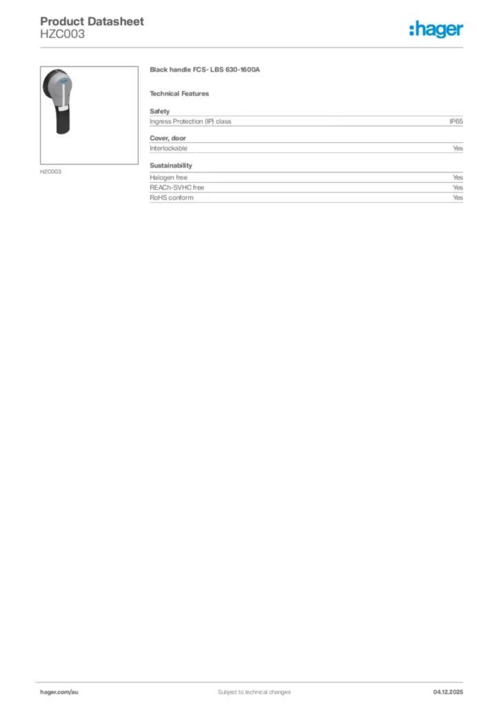 Image Hager Product data sheet HZC003  | Hager Australia