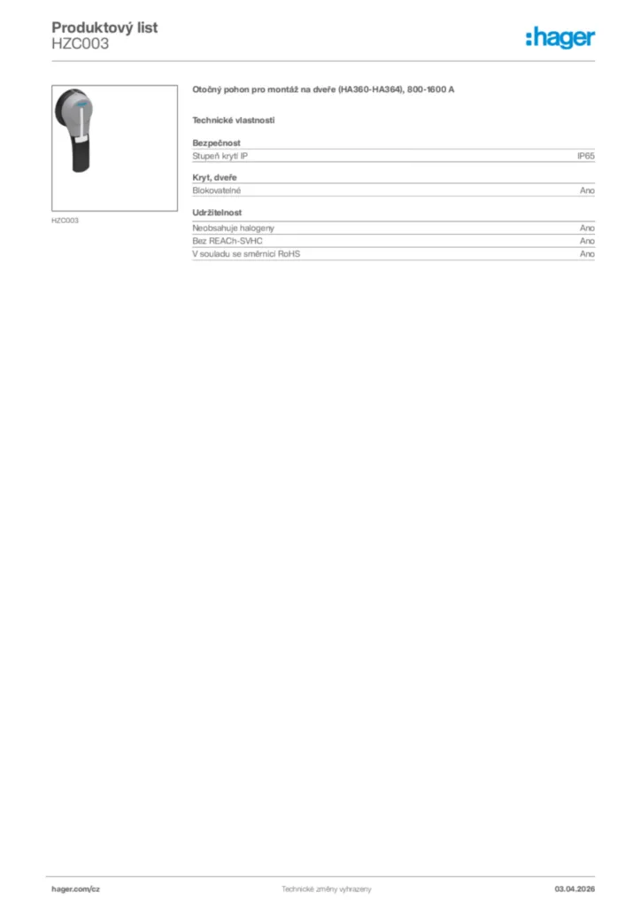 Obrázek Hager Product data sheet HZC003 | Hager
