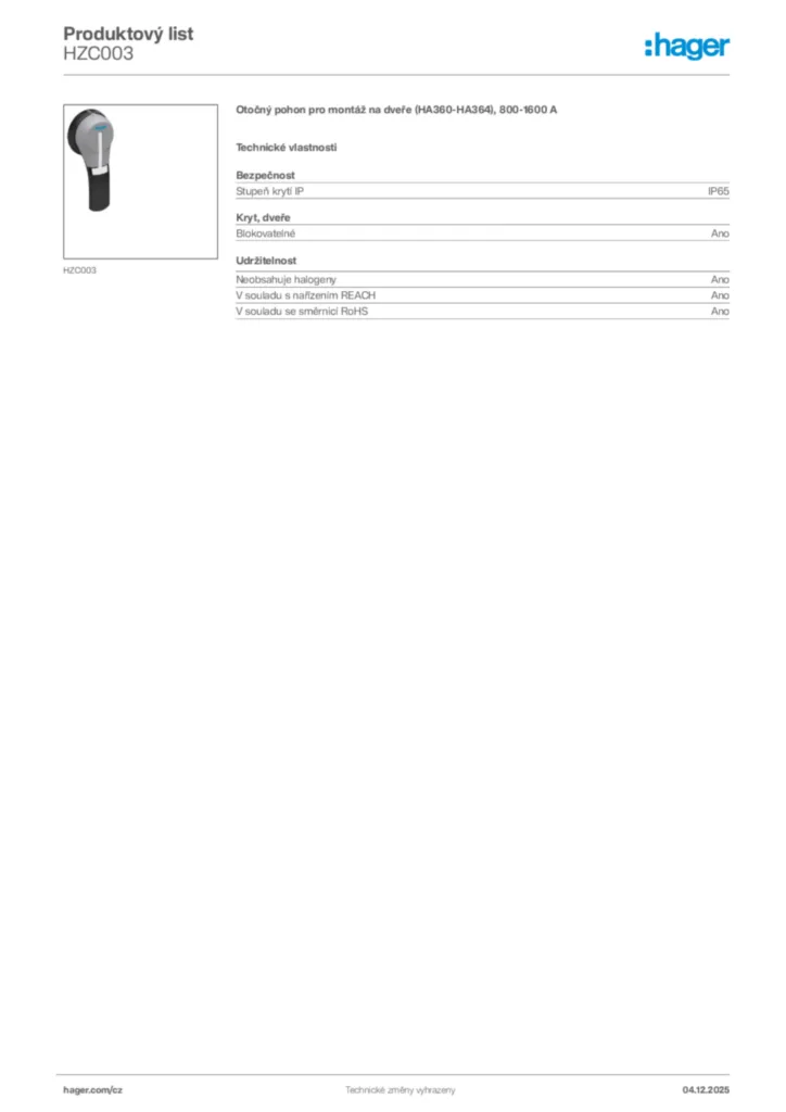 Obrázek Hager Produktový list HZC003 | Hager
