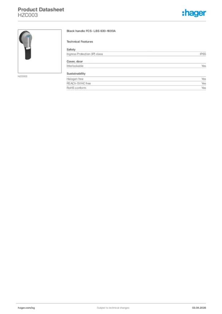 Image Hager Product data sheet HZC003  | Hager