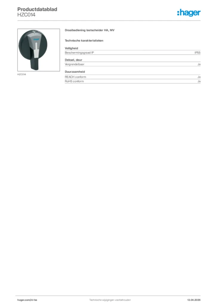 Afbeelding Hager Productdatablad HZC014 | Hager Belgium